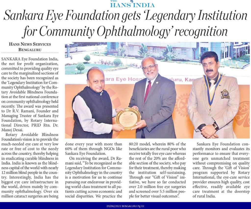 Sankara Eye Foundation India – Recognized as a Legendary Institution for Community Ophthalmology and awarded our Founder Dr. R. V Ramani with the prestigious honour.